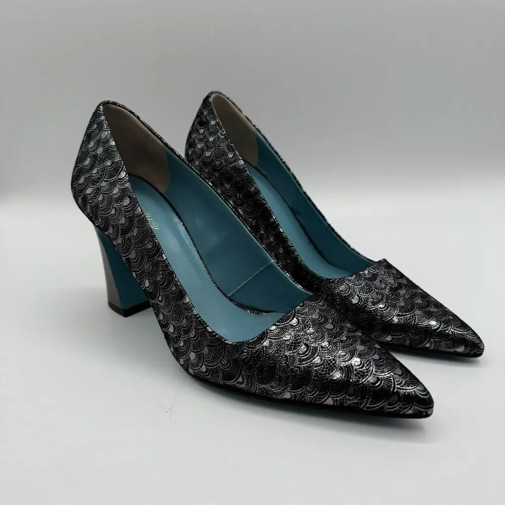 Valentina Rangoni Vintage Black Metallic Pumps 7.5M Pointed Toe Made Italy